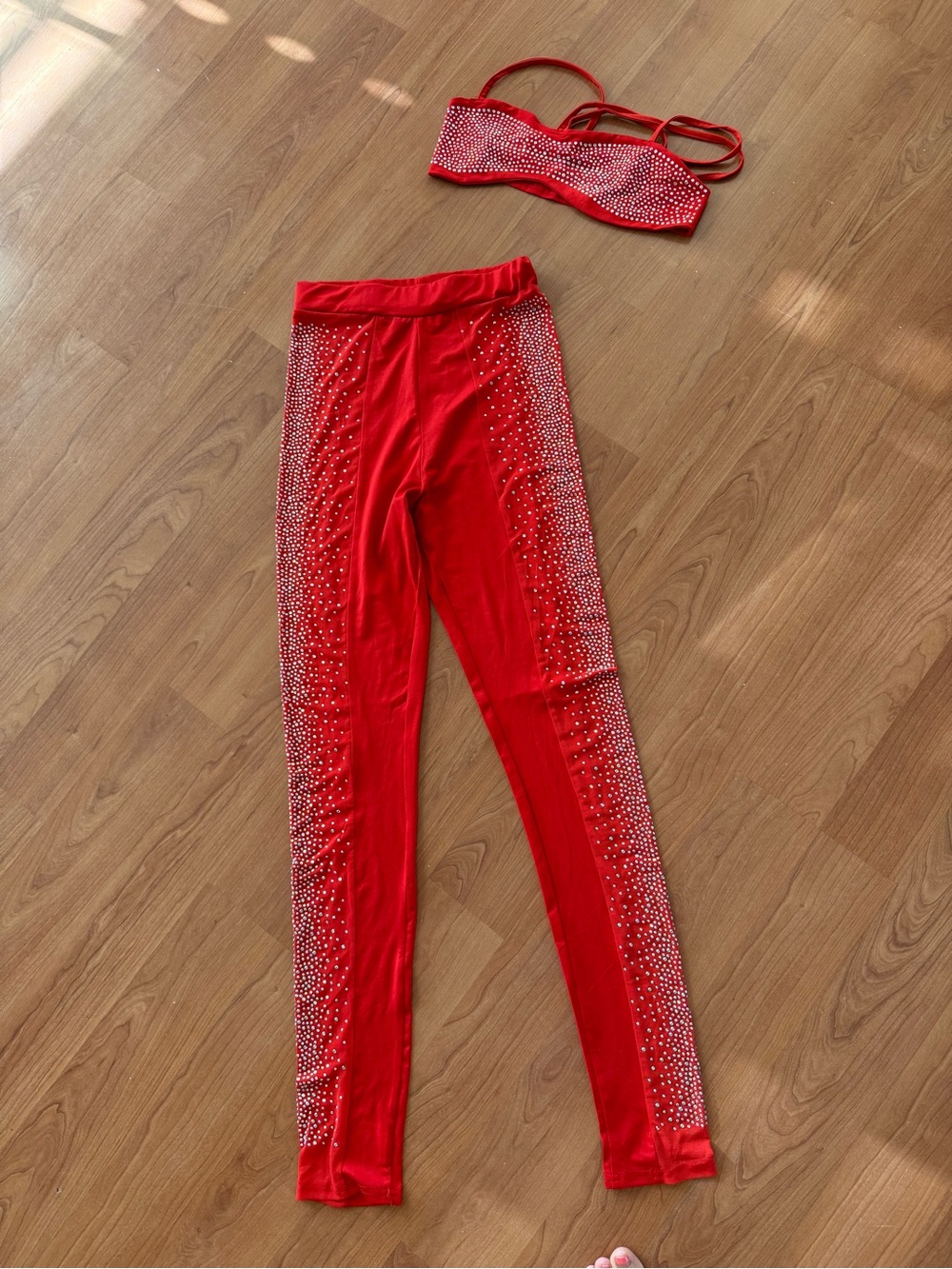 Red Rhinestone Side-Panel Stretch Leggings